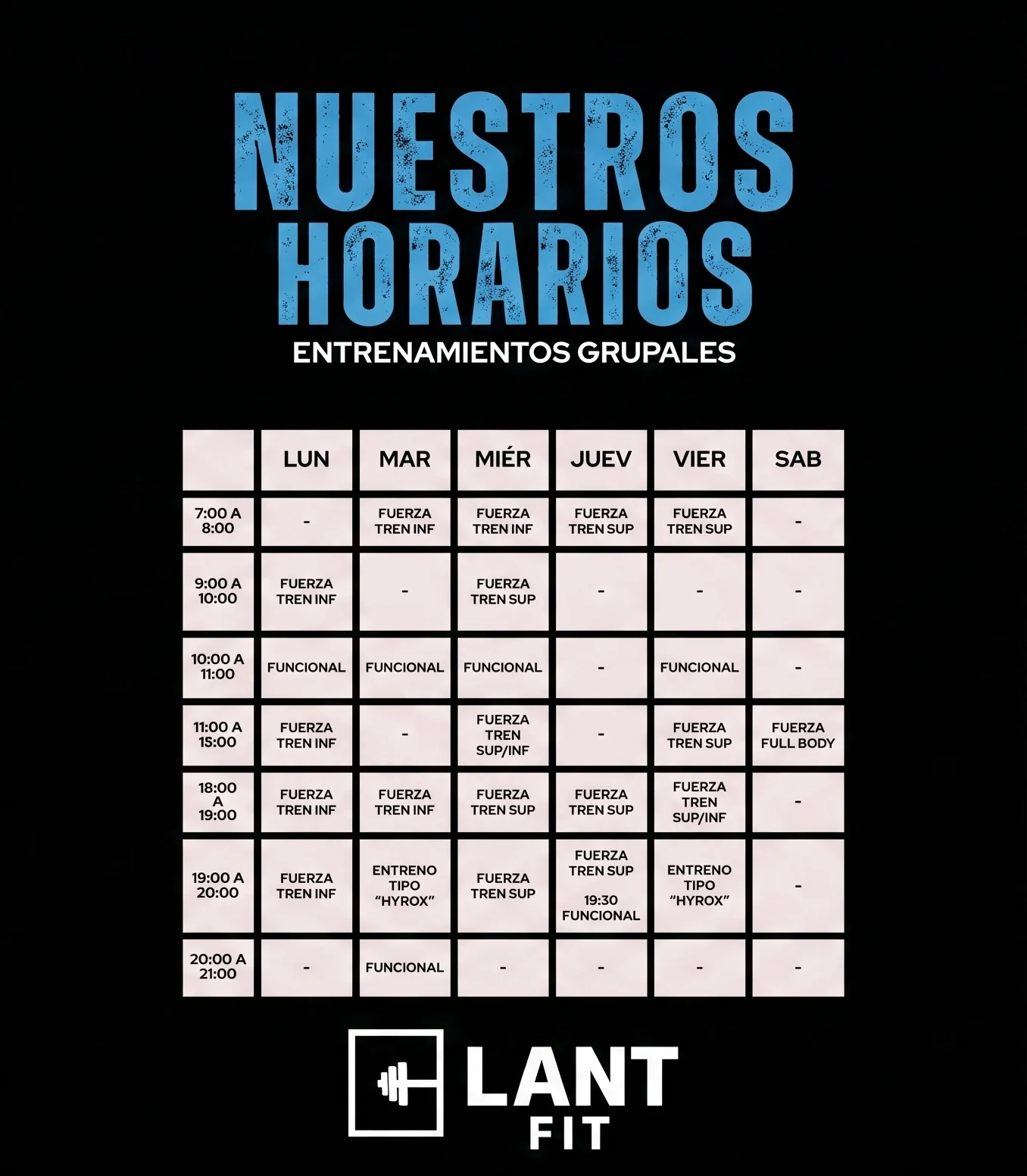 Horario semanal de entrenamientos grupales de LANT FIT